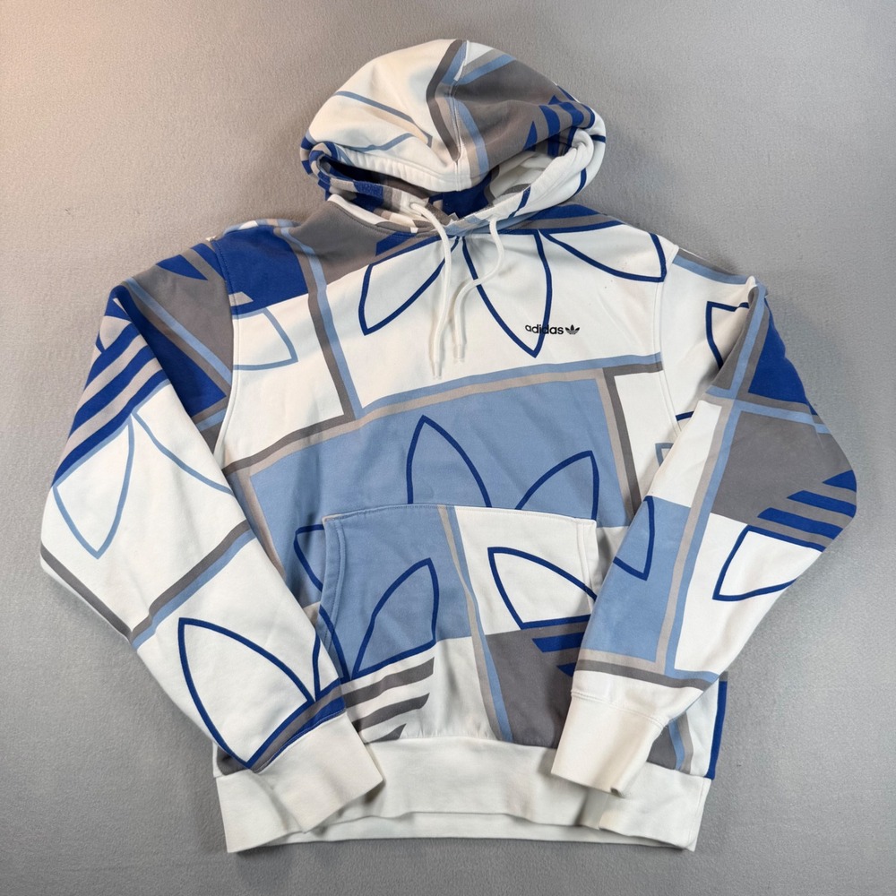 Adidas Originals Mens Trefoil Geometric Print Hoodie Blue White Grey Large